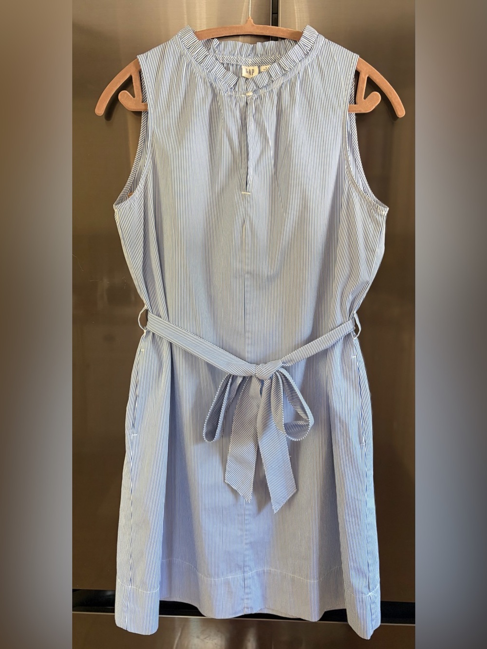 Gap Preppy Coastal Nautical Blue Striped Belted Cotton Old Money Dress EUC Sz S